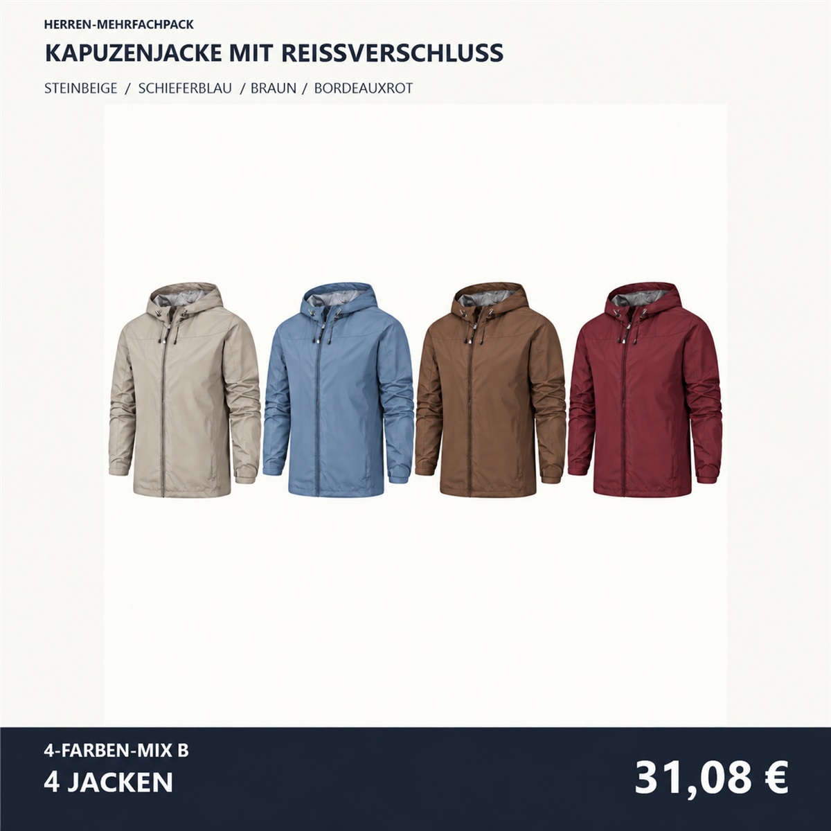 Herren-Kapuzenjacke mit Frontreißverschluss – Set - 4-teiliges Farbset B: Stein / Schieferblau / Braun / Bordeauxrot