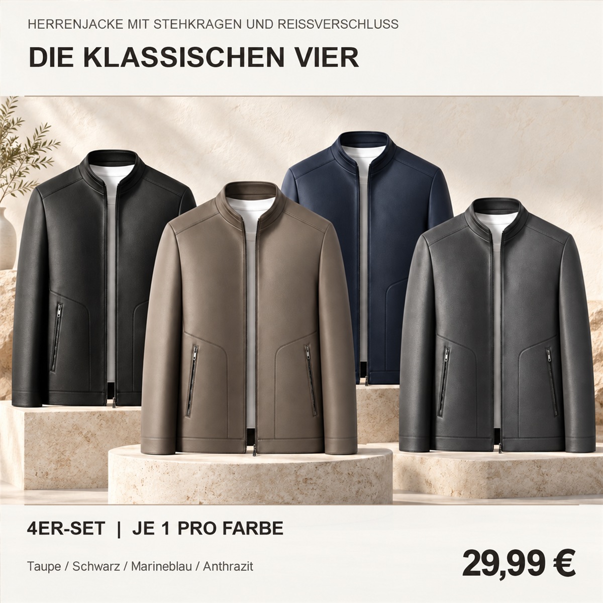 Herren-Reißverschlussjacke mit Stehkragen – Set - 4-teiliges Farbset A: Taupe / Schwarz / Marineblau / Anthrazit