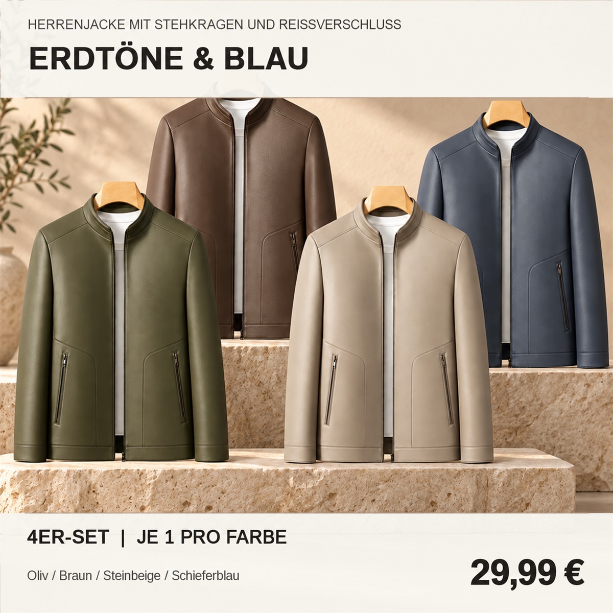 Herren-Reißverschlussjacke mit Stehkragen – Set - 4-teiliges Farbset B: Oliv / Braun / Stein / Schieferblau
