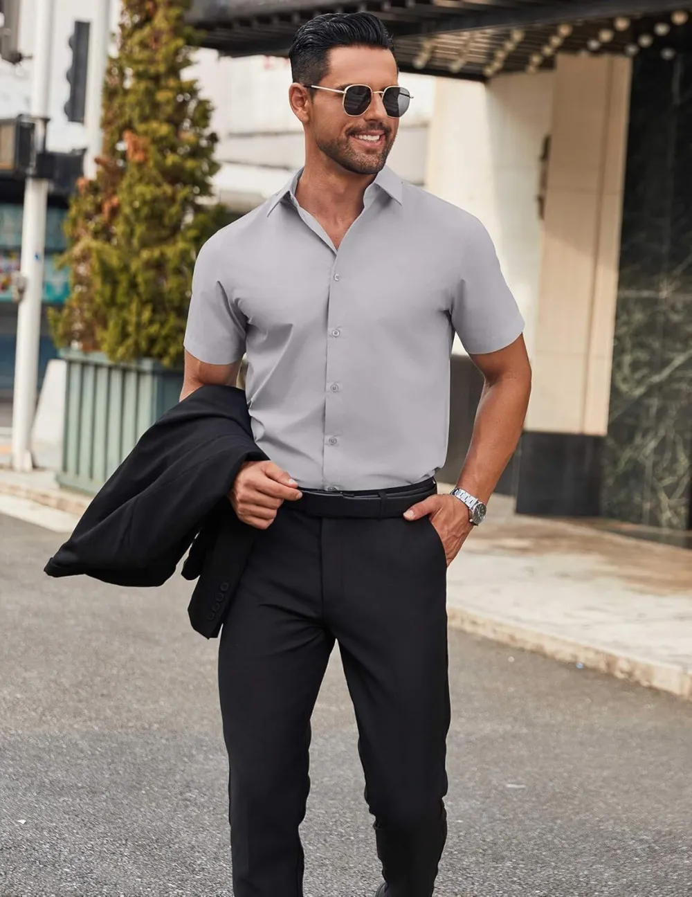 Chemise habillée à manches courtes pour homme – Sans repassage, décontractée, boutonnée, idéale à porter hors du pantalon pour l’été