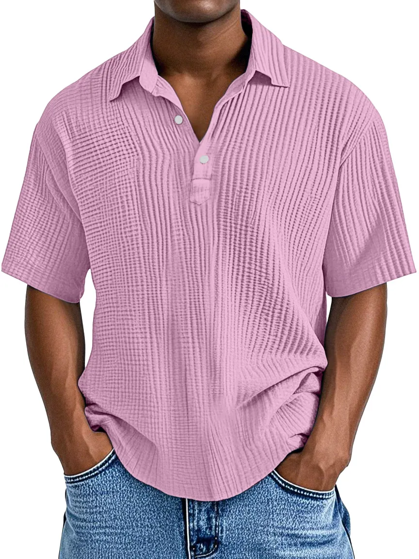 Polo à manches courtes pour homme, style décontracté quotidien, coupe ample avec texture plissée et col à revers