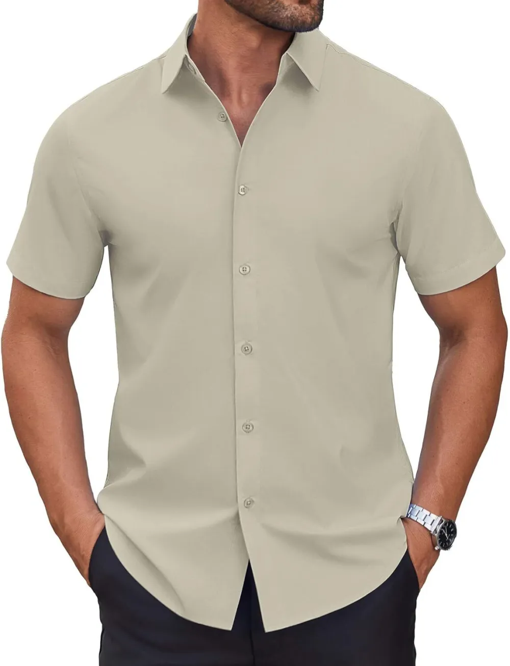 Chemise habillée à manches courtes pour homme – Sans repassage, décontractée, boutonnée, idéale à porter hors du pantalon pour l’été