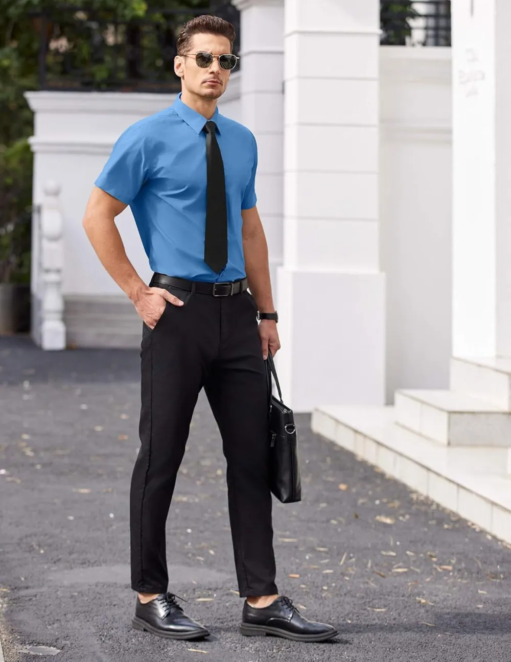 Chemise habillée à manches courtes pour homme – Sans repassage, décontractée, boutonnée, idéale à porter hors du pantalon pour l’été