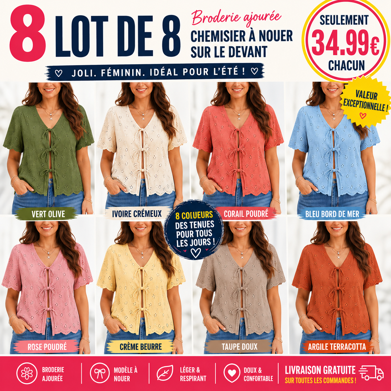 Offre Limitée – Lot de 8 Chemisiers Femme Brodés à Nouer sur le Devant Créez votre garde-robe estivale idéale