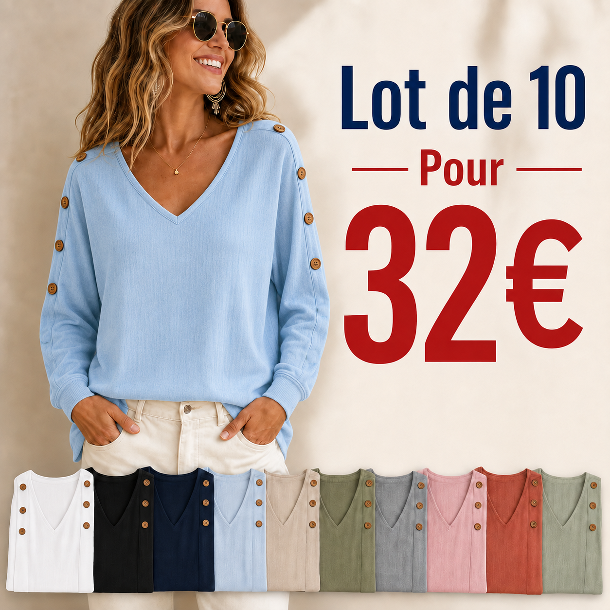 ⏰Vente de déstockage⚡Lot de 20 à seulement 38 €⚡T-shirt femme en lin à col V et manches boutonnées