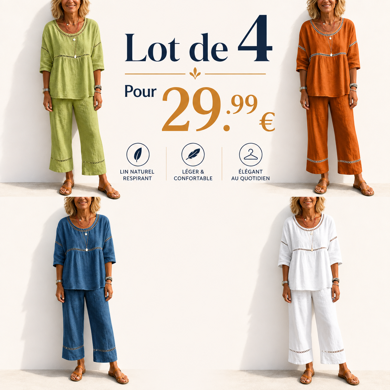 ⏰ Lot de 8 à seulement 35.99 €👗Ensemble deux pièces vintage décontracté en lin pour femme, coupe ample