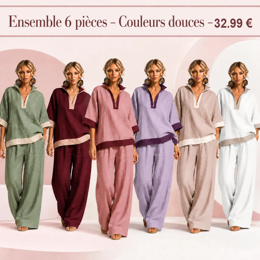 ⏰DÉSTOCKAGE FINAL⚡Lot de 12 à seulement 36,99 €⚡Ensemble femme avec haut à col fendu contrasté et pantalon large