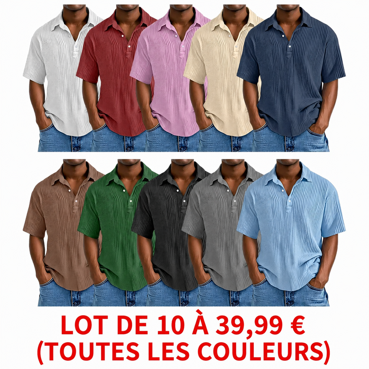 Polo à manches courtes pour homme, style décontracté quotidien, coupe ample avec texture plissée et col à revers