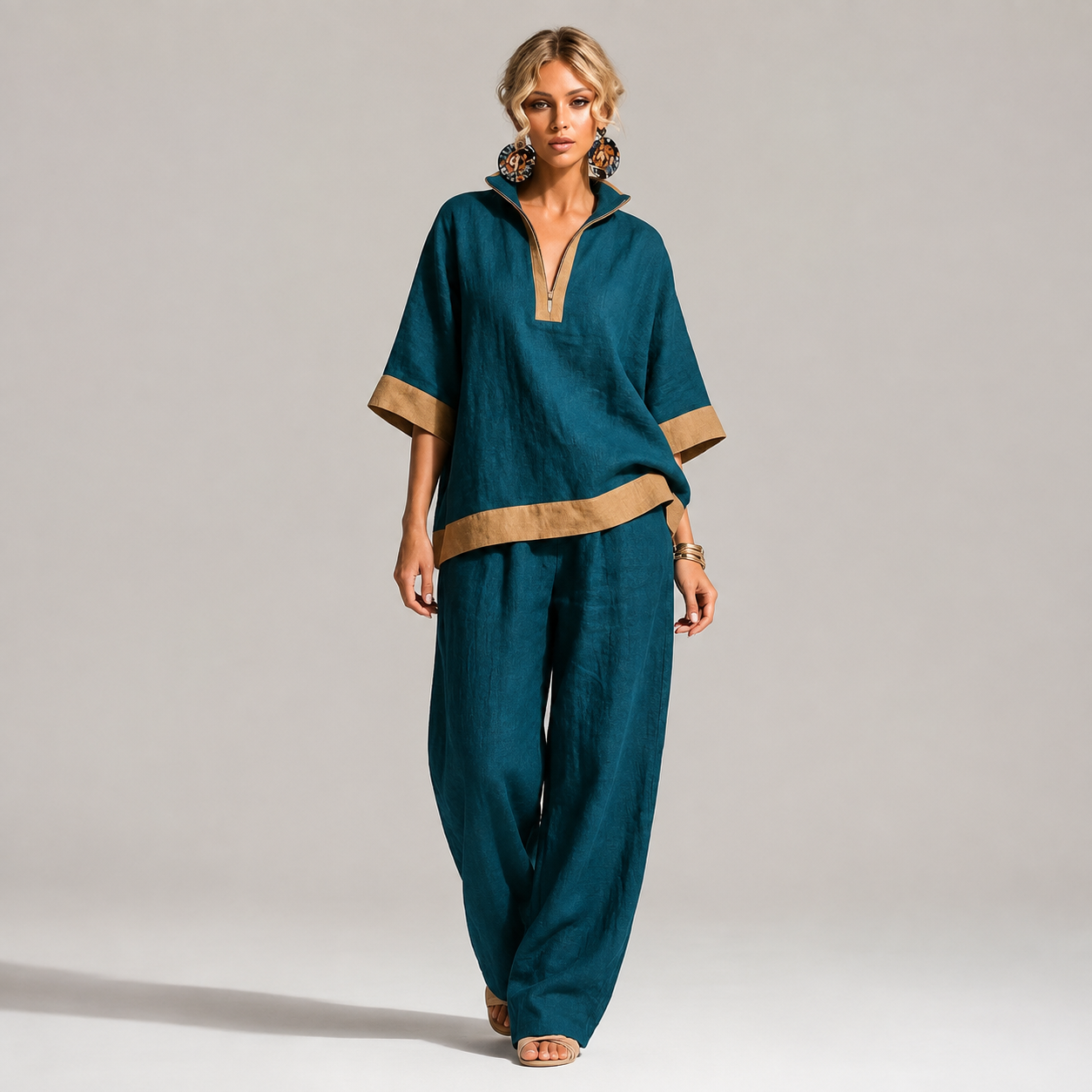 DÉSTOCKAGE FINAL – Lot de 12 à seulement 36,99 € – Ensemble femme avec haut à col fendu contrasté et pantalon large - 4 pièces Rouille/Crème – 26,99 €