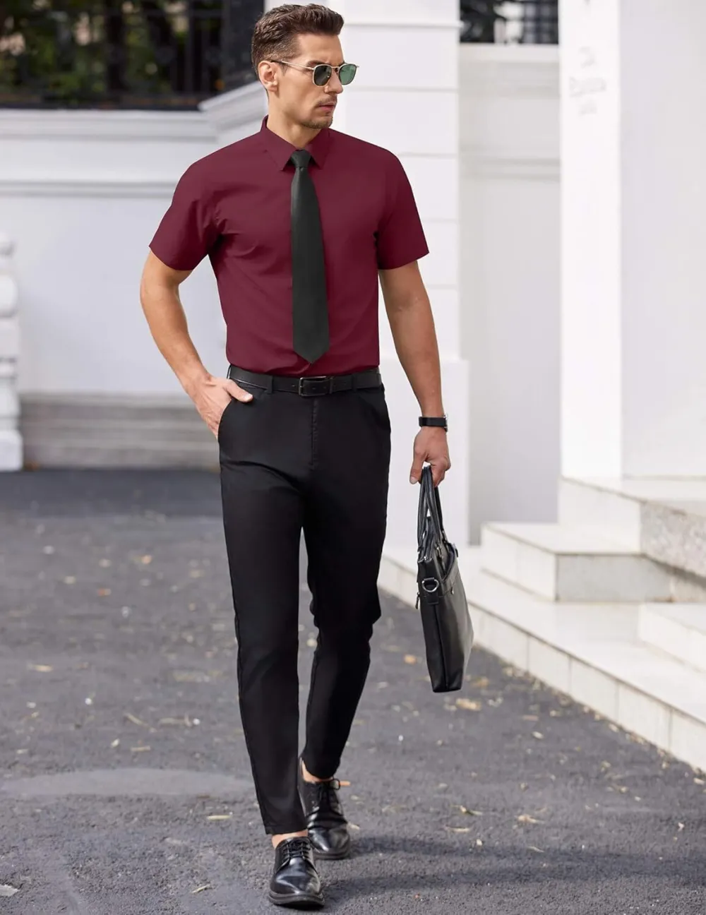 Chemise habillée à manches courtes pour homme – Sans repassage, décontractée, boutonnée, idéale à porter hors du pantalon pour l’été