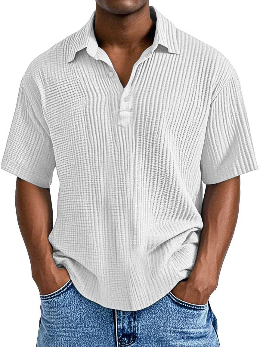 Polo à manches courtes pour homme, style décontracté quotidien, coupe ample avec texture plissée et col à revers