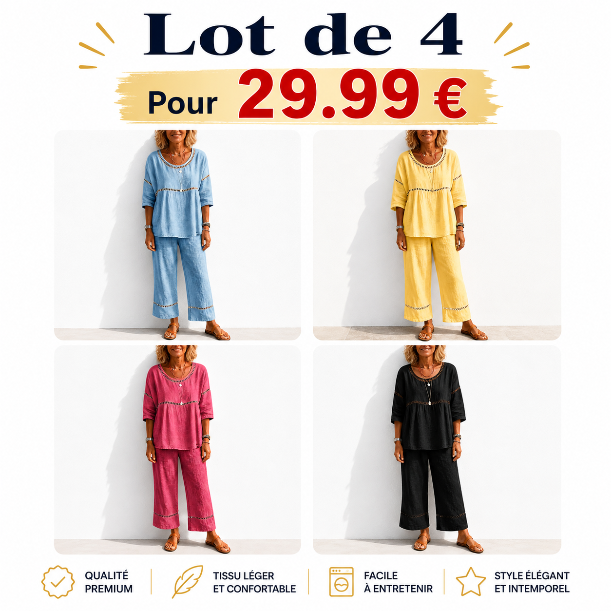 ⏰ Lot de 8 à seulement 35.99 €👗Ensemble deux pièces vintage décontracté en lin pour femme, coupe ample