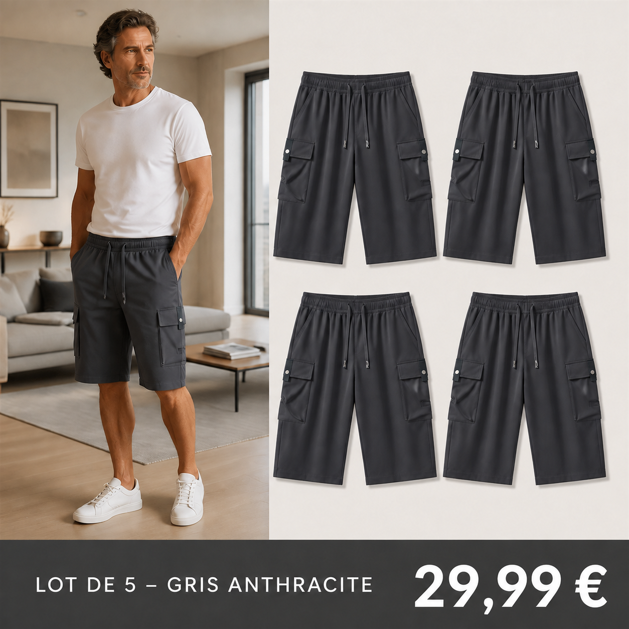 OFFRE FINALE - Lot de 10 a seulement 39,99 € - Pantacourt cargo homme a taille elastiquee et cordon