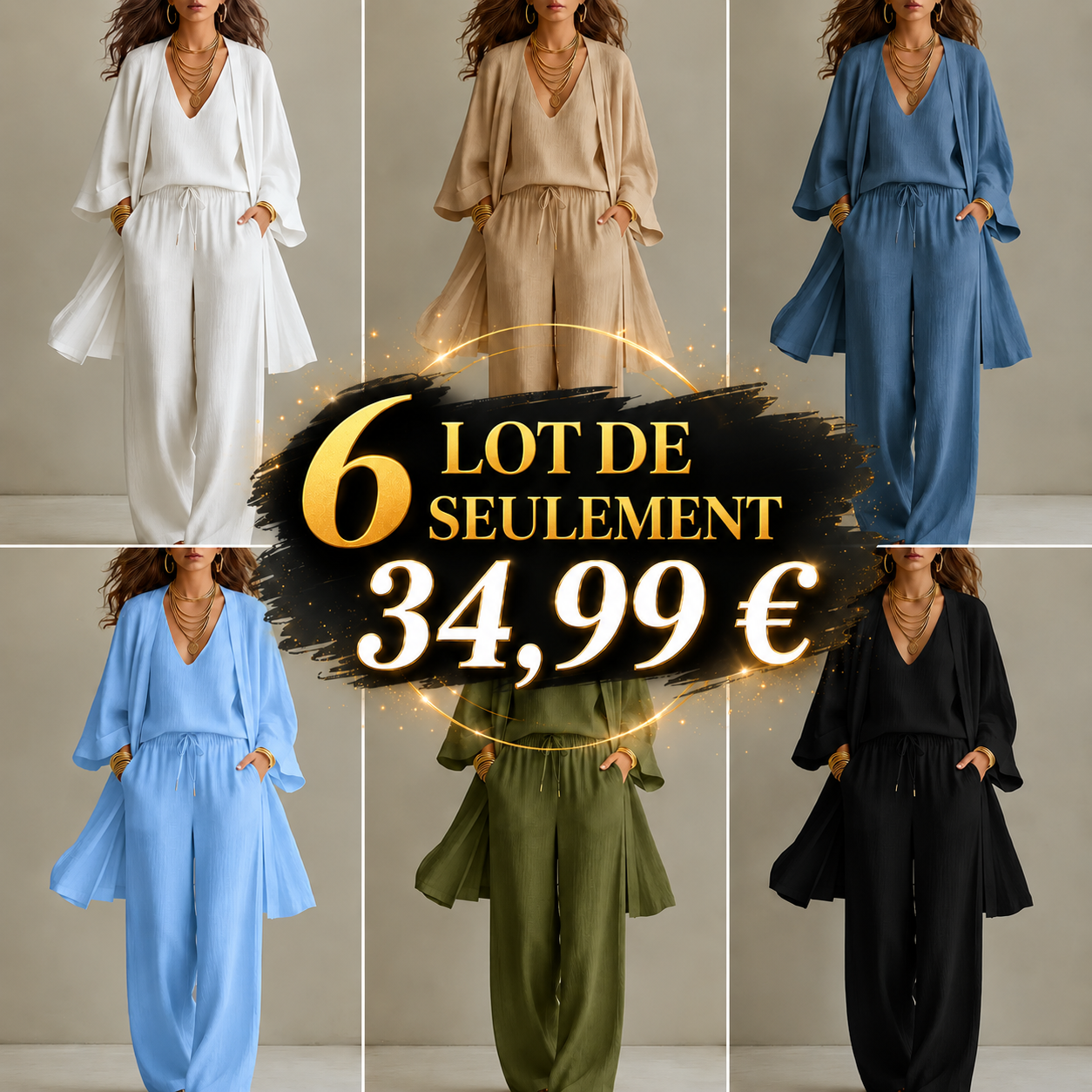 Ensemble minimaliste trois pièces pour femme en coton et lin à jambes larges