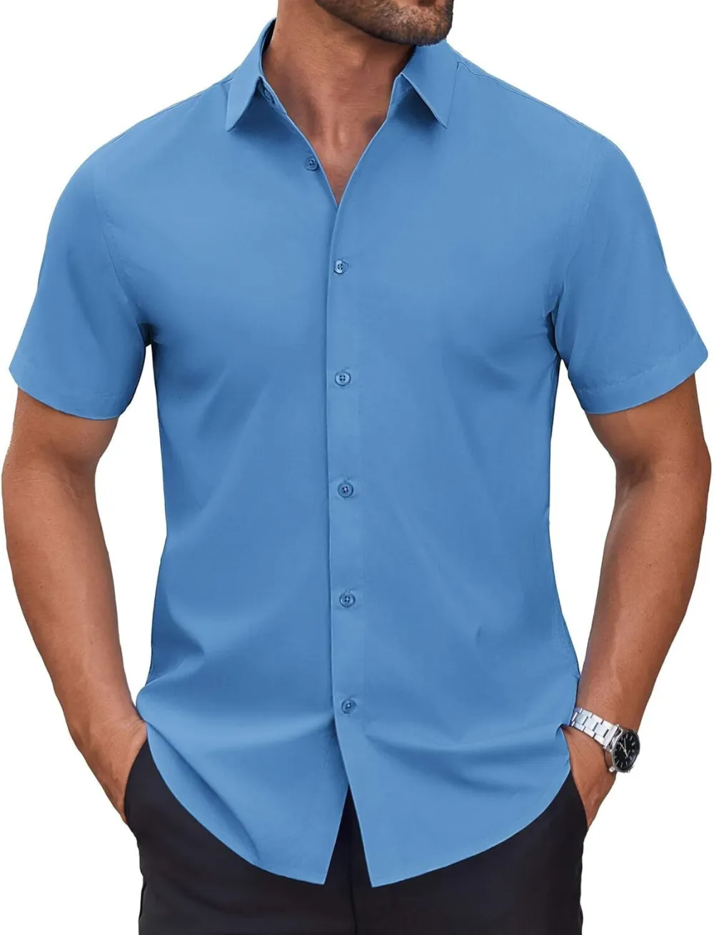 Chemise habillée à manches courtes pour homme – Sans repassage, décontractée, boutonnée, idéale à porter hors du pantalon pour l’été