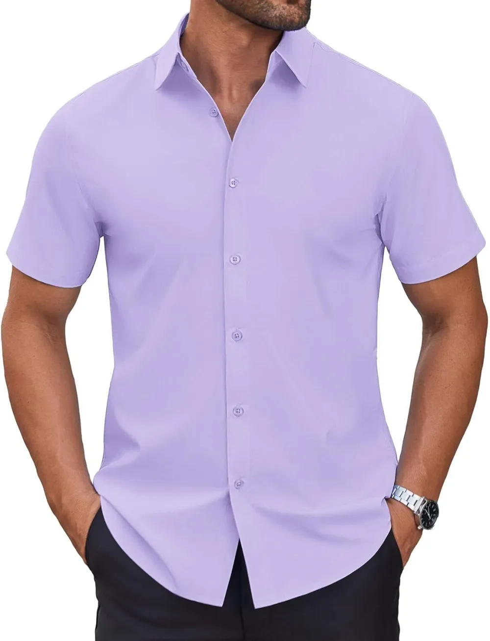 Chemise habillée à manches courtes pour homme – Sans repassage, décontractée, boutonnée, idéale à porter hors du pantalon pour l’été