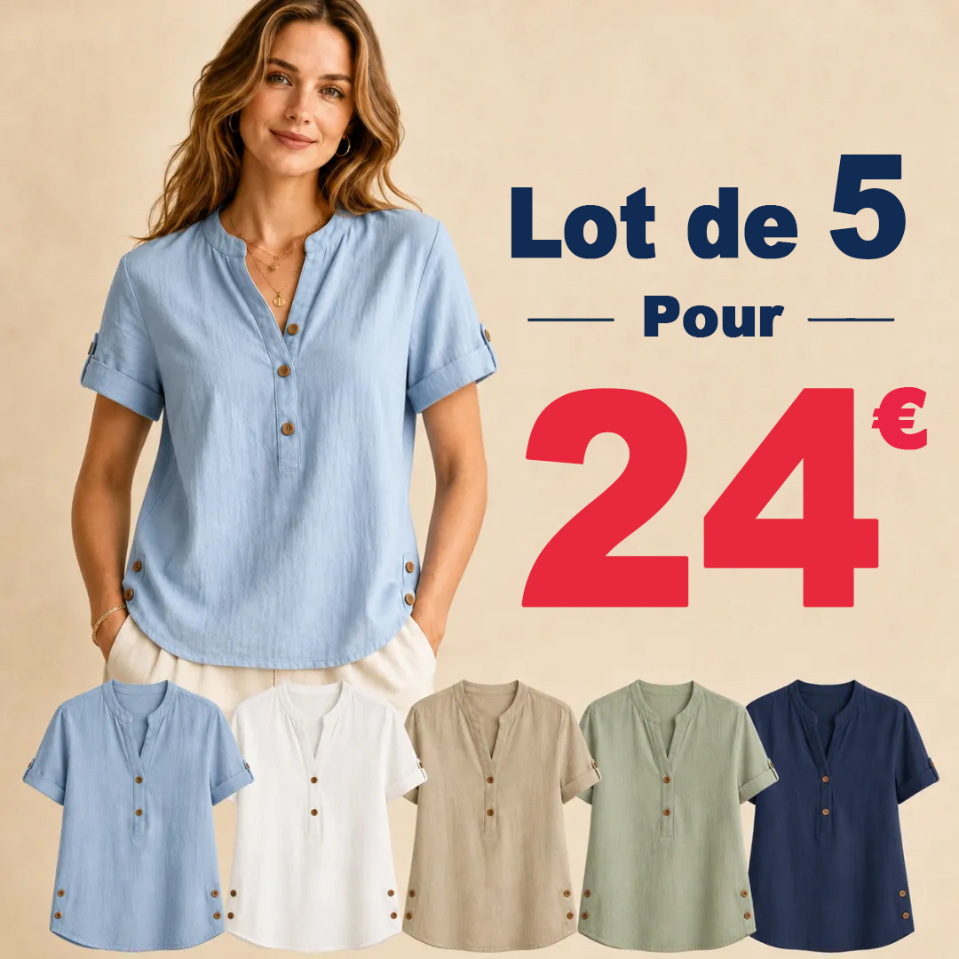 ⏰ Liquidation d’entrepôt ⚡ Lot de 20 à seulement 36 $ ⚡ T-shirt femme en lin à col mao