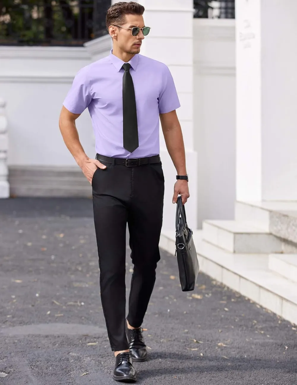 Chemise habillée à manches courtes pour homme – Sans repassage, décontractée, boutonnée, idéale à porter hors du pantalon pour l’été