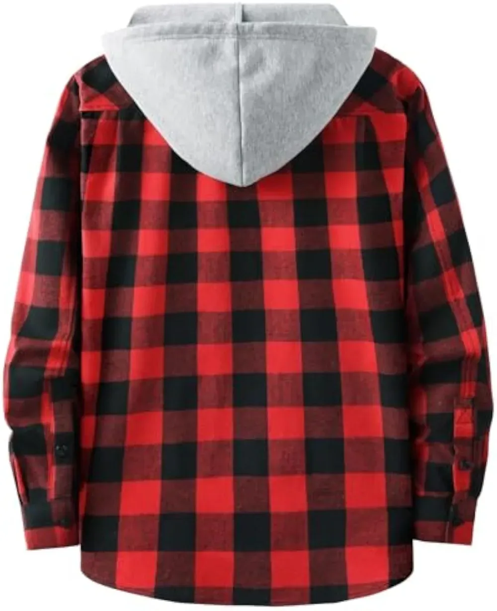 Veste à capuche homme grande taille à carreaux – Surchemise décontractée boutonnée avec poches