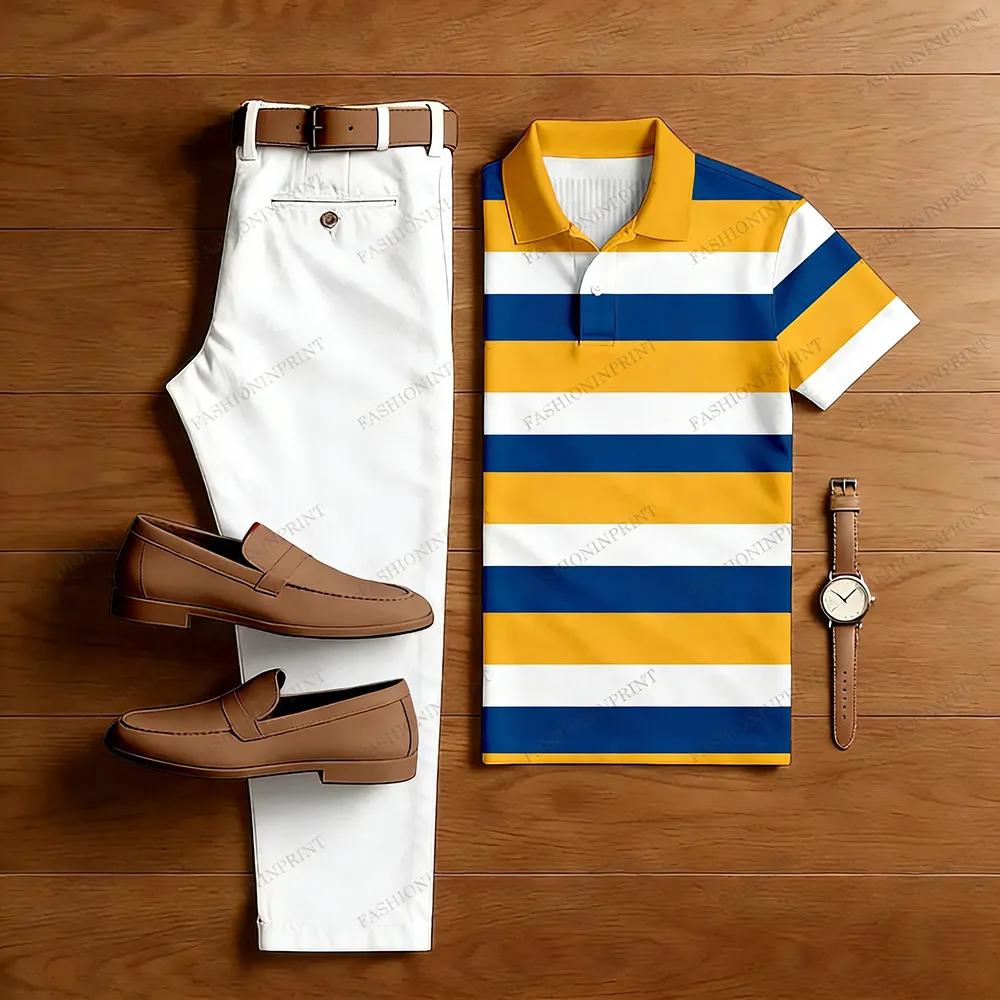 Men's Casual Color Matching Printed Polo-Collar Short Sleeved Trousers Two-Piece Set