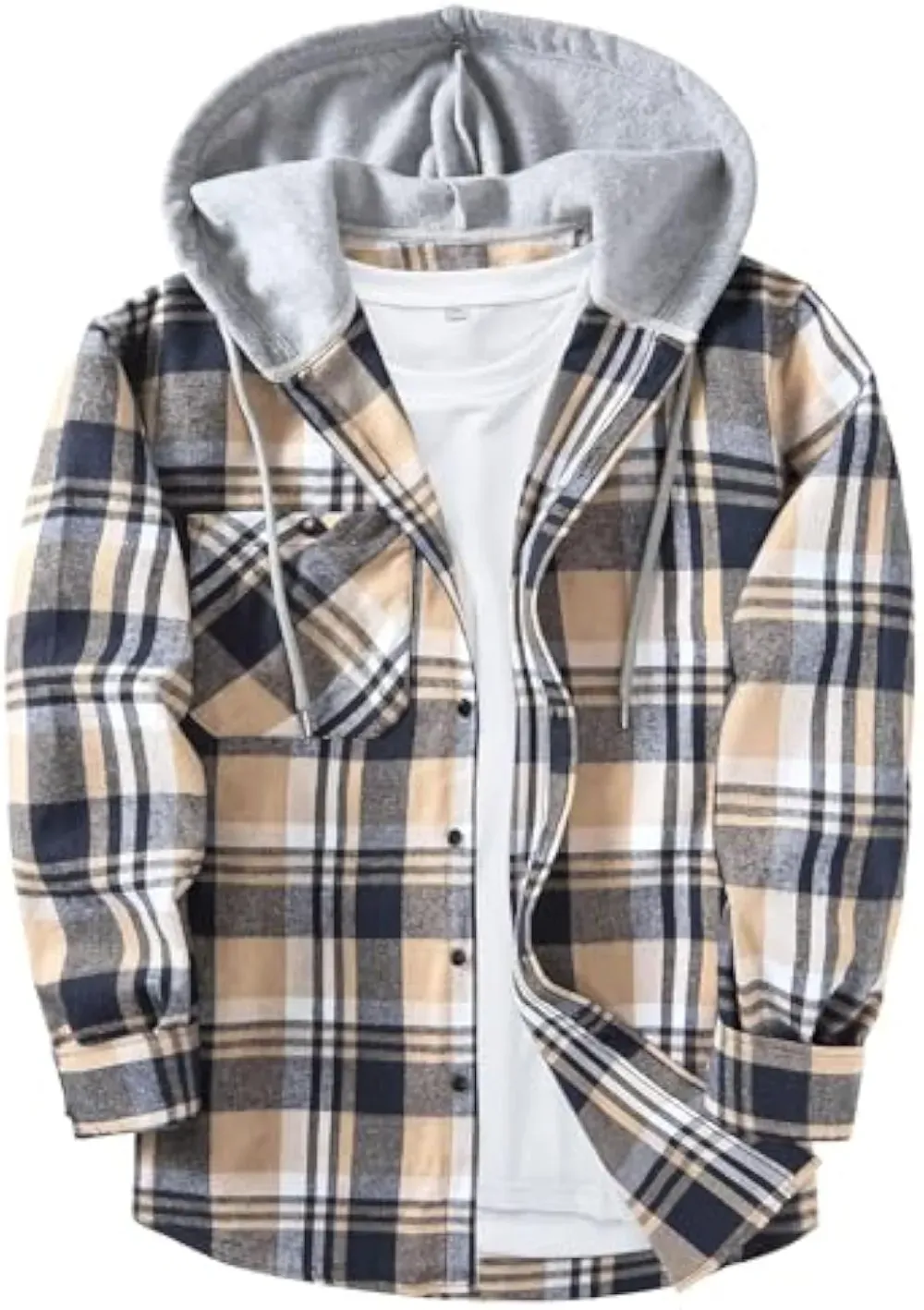Veste à capuche homme grande taille à carreaux – Surchemise décontractée boutonnée avec poches