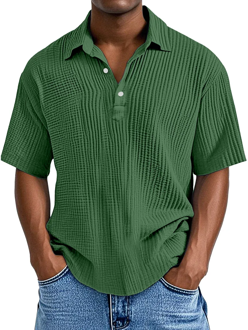 Polo à manches courtes pour homme, style décontracté quotidien, coupe ample avec texture plissée et col à revers