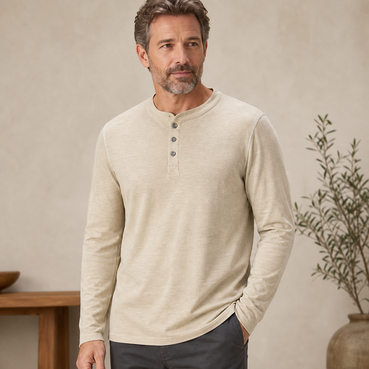 ⏰Herren Langarm-Henley-Shirt mit Knopfleiste