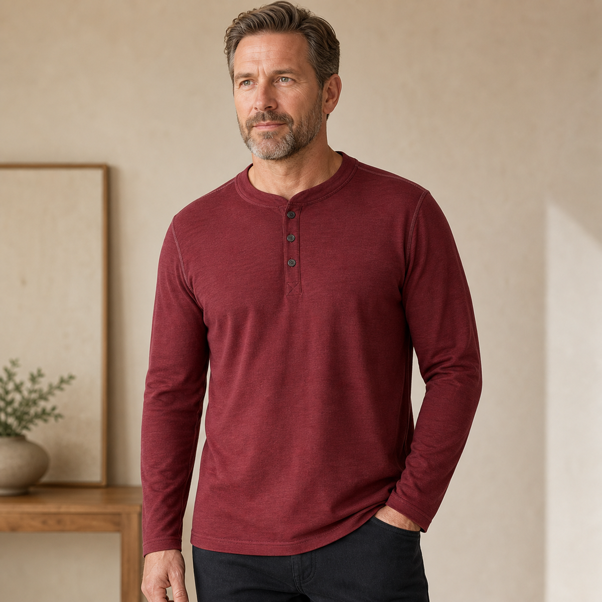 ⏰Herren Langarm-Henley-Shirt mit Knopfleiste