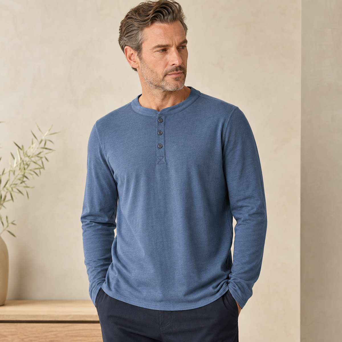 ⏰Herren Langarm-Henley-Shirt mit Knopfleiste