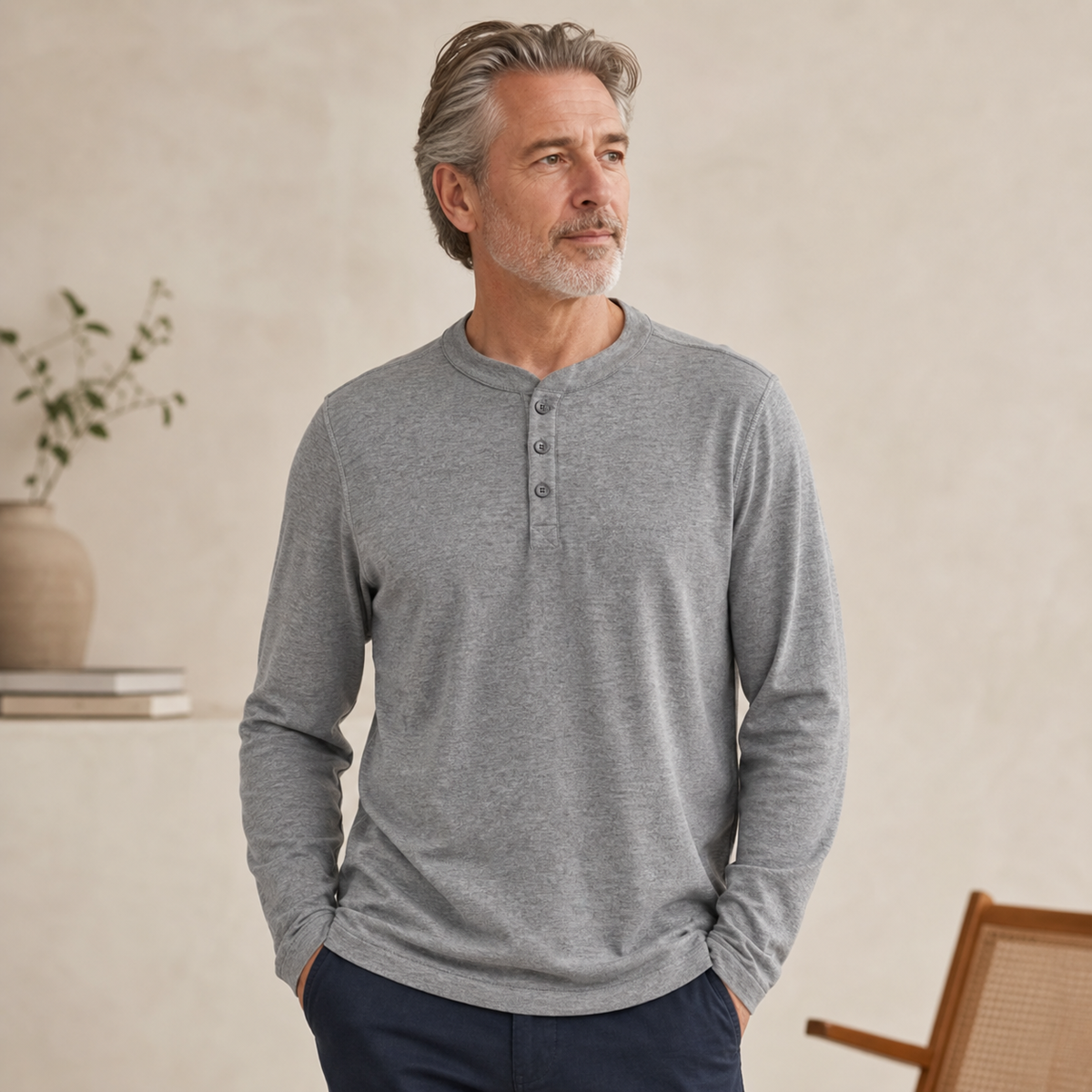 ⏰Herren Langarm-Henley-Shirt mit Knopfleiste