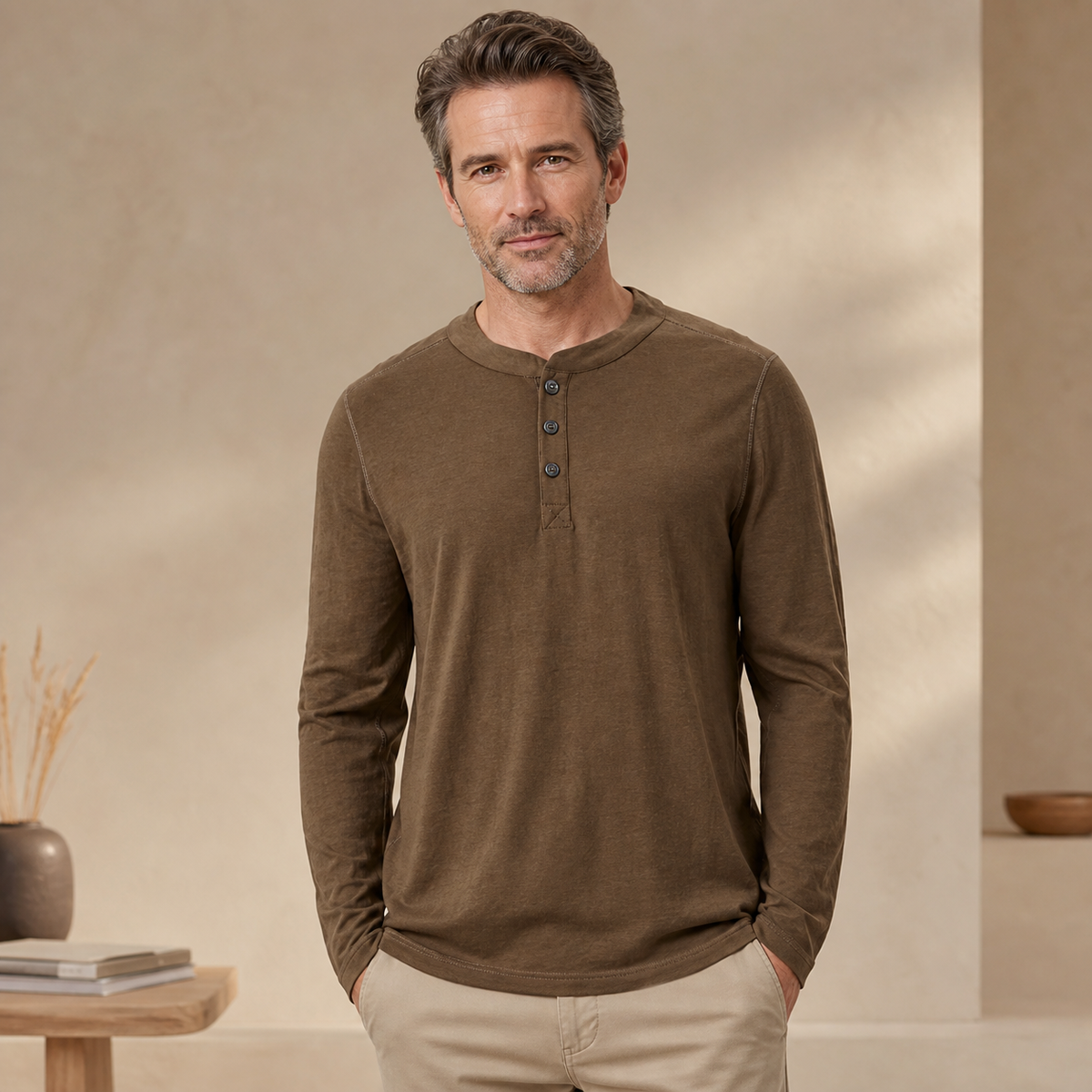 ⏰Herren Langarm-Henley-Shirt mit Knopfleiste