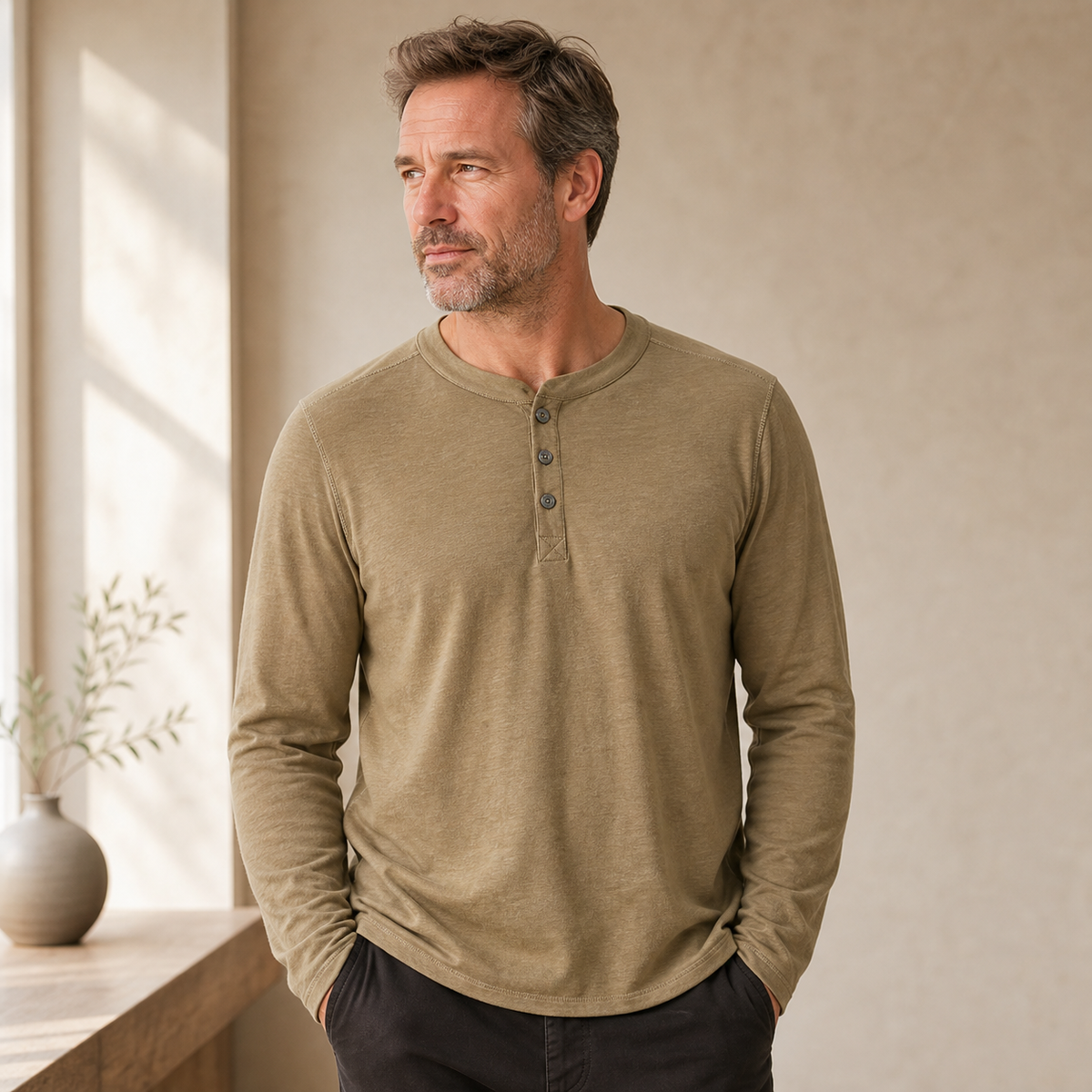 ⏰Herren Langarm-Henley-Shirt mit Knopfleiste