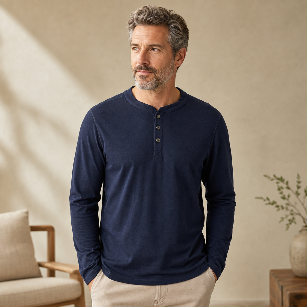 ⏰Herren Langarm-Henley-Shirt mit Knopfleiste