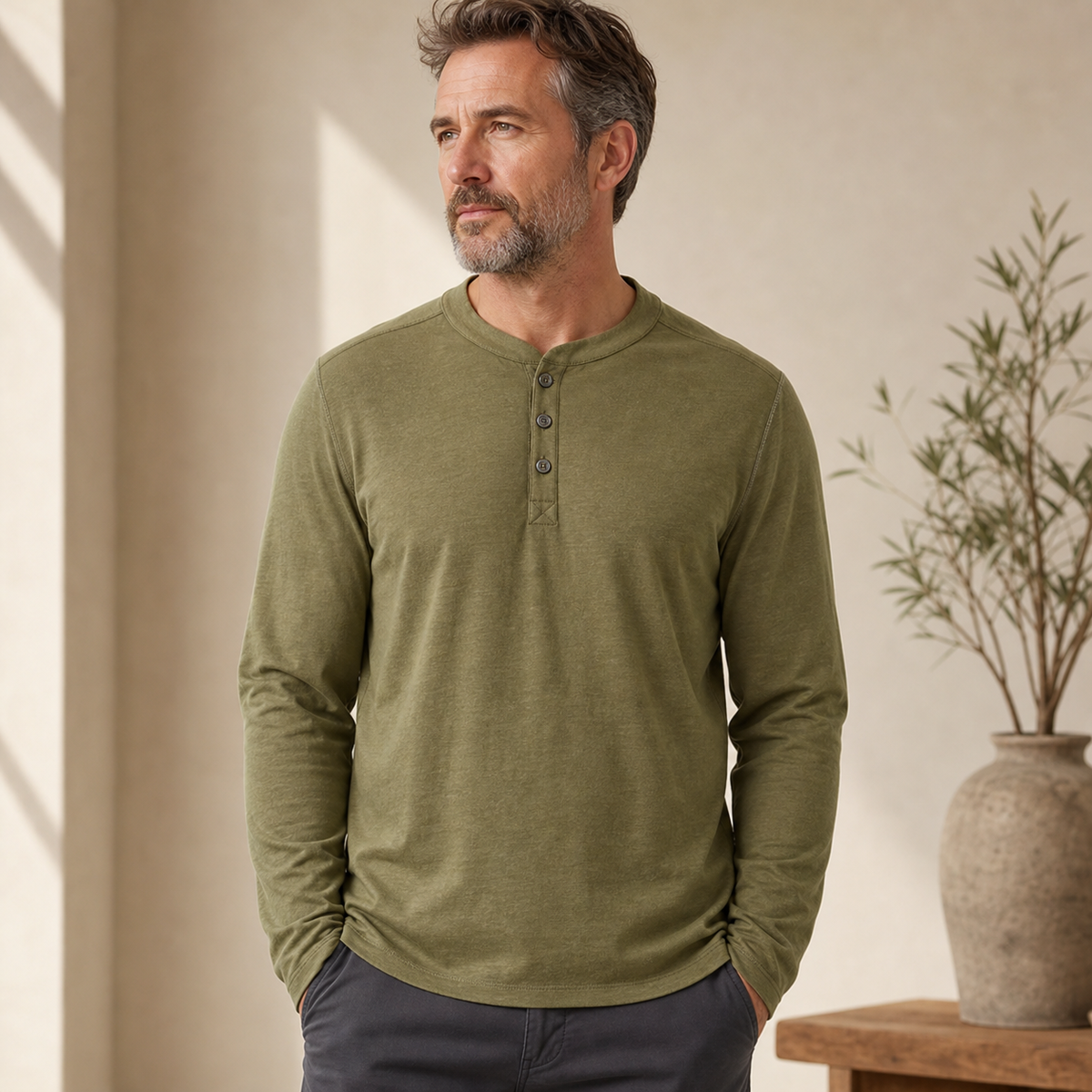 ⏰Herren Langarm-Henley-Shirt mit Knopfleiste