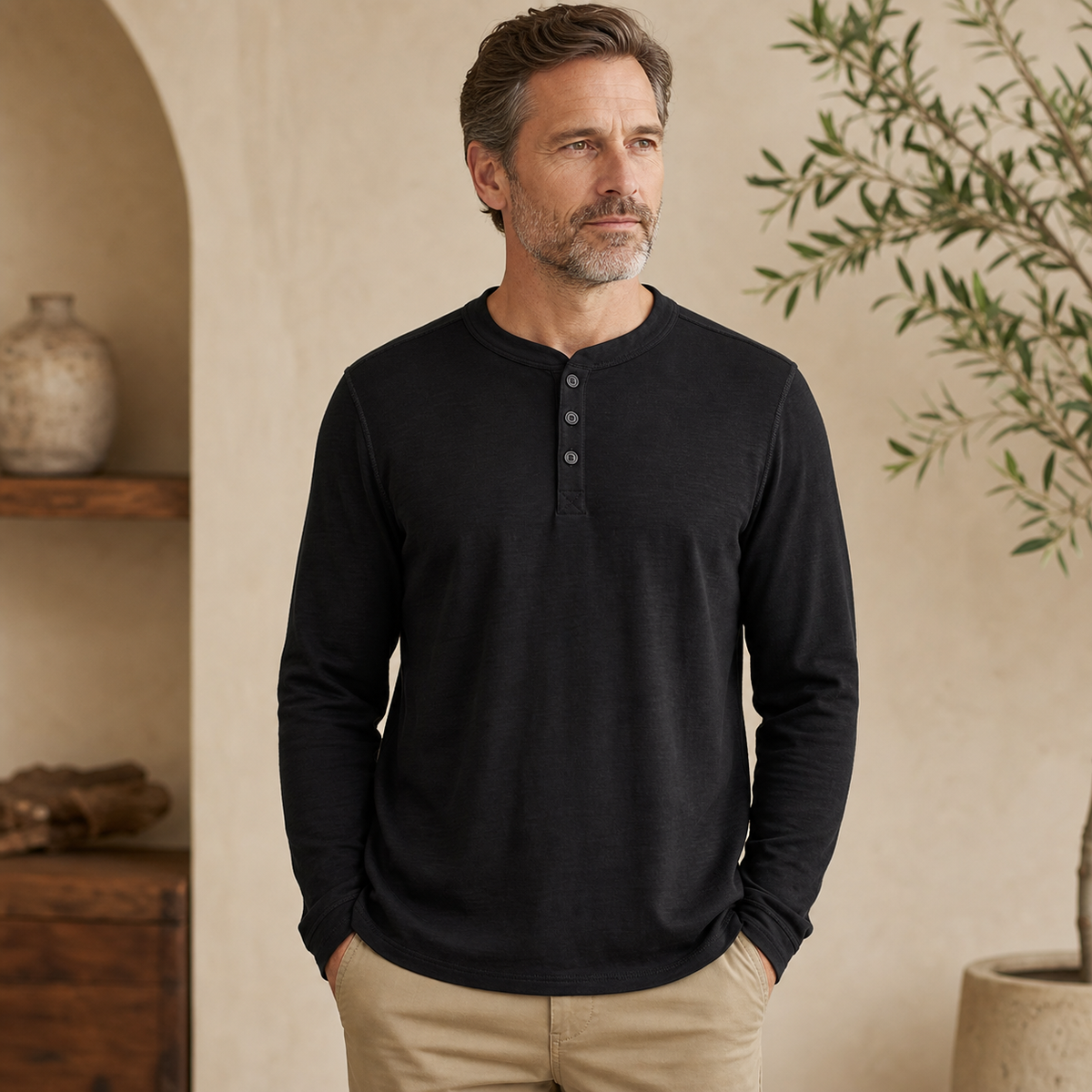 ⏰Herren Langarm-Henley-Shirt mit Knopfleiste