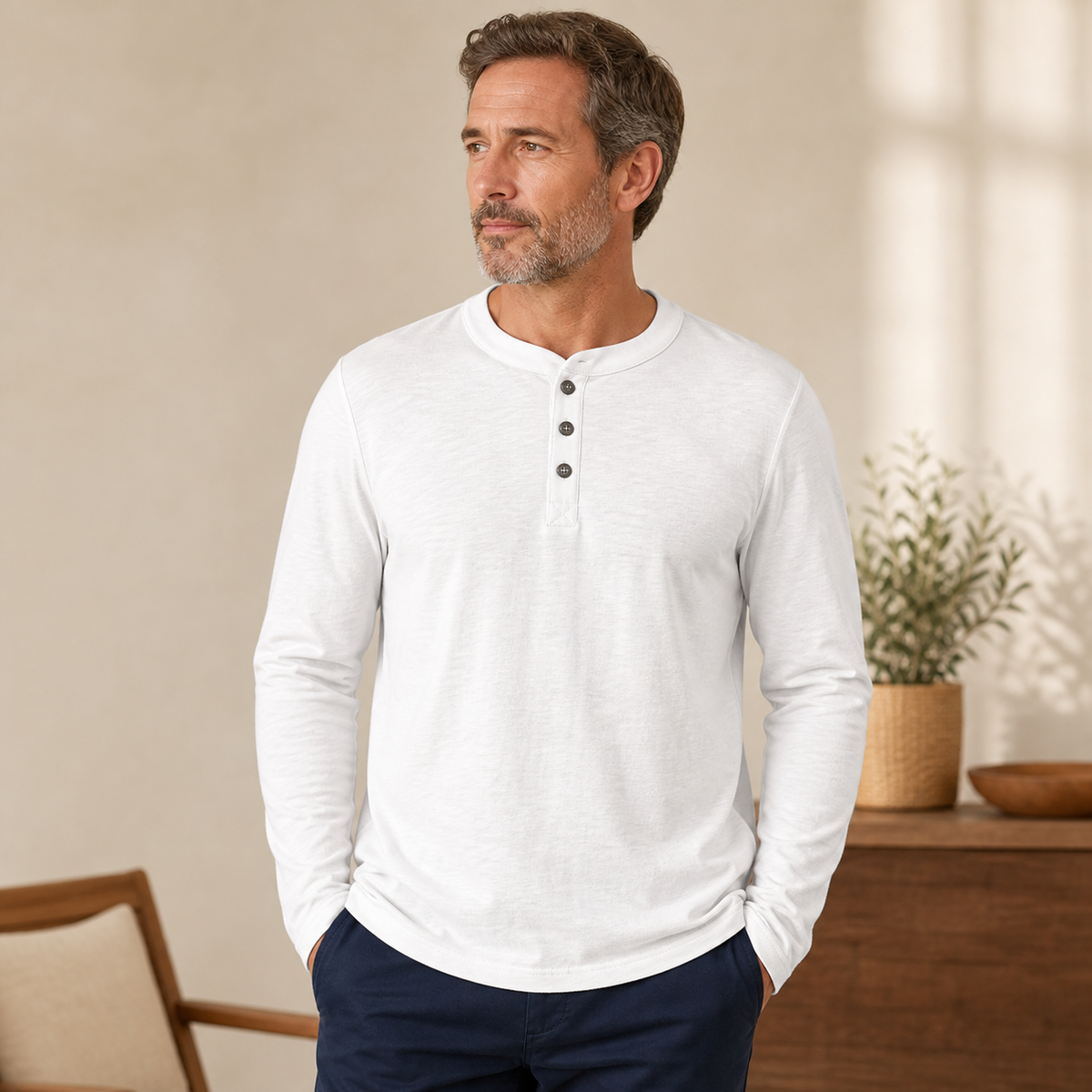 ⏰Herren Langarm-Henley-Shirt mit Knopfleiste