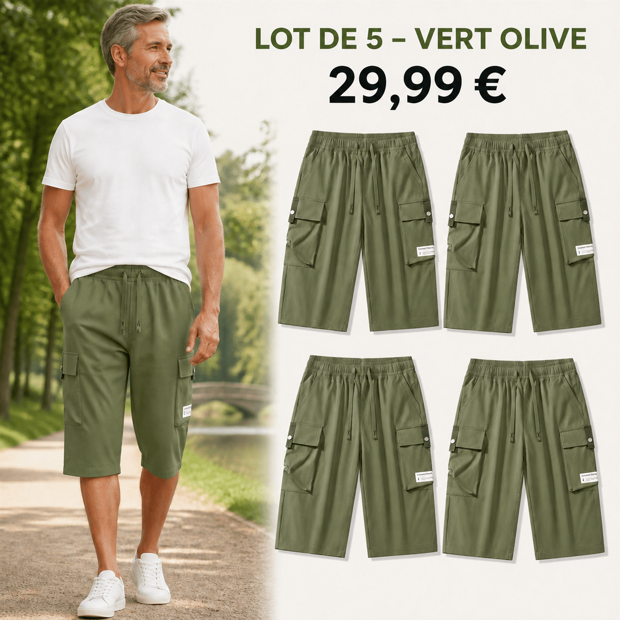 OFFRE FINALE - Lot de 10 a seulement 39,99 € - Pantacourt cargo homme a taille elastiquee et cordon