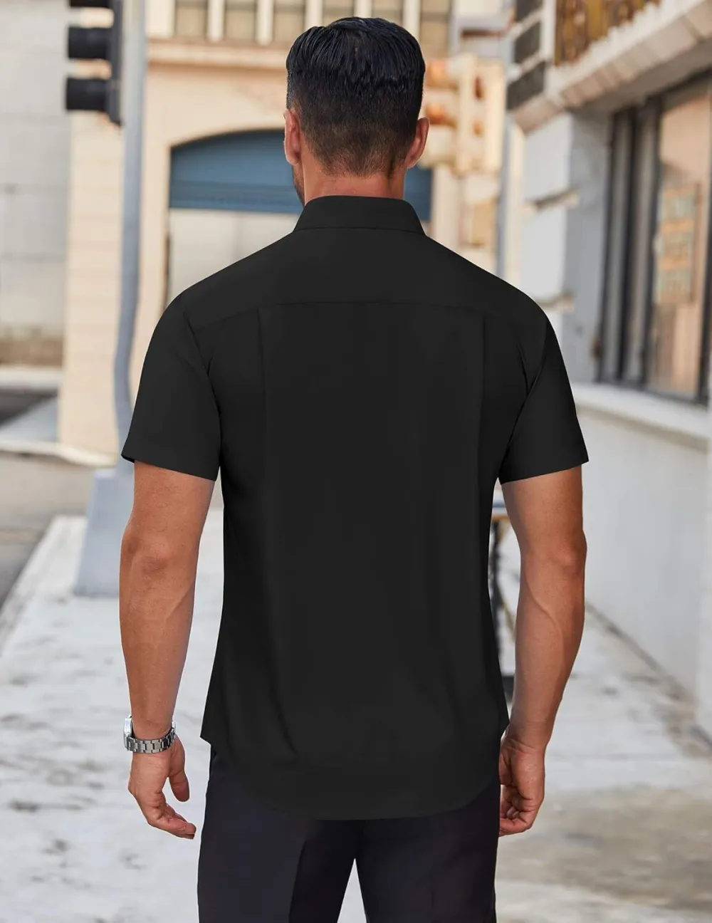 Chemise habillée à manches courtes pour homme – Sans repassage, décontractée, boutonnée, idéale à porter hors du pantalon pour l’été