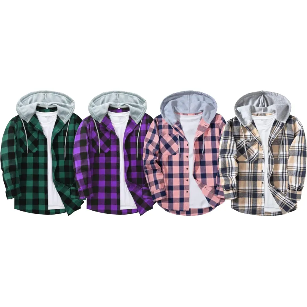 Veste à capuche homme grande taille à carreaux – Surchemise décontractée boutonnée avec poches