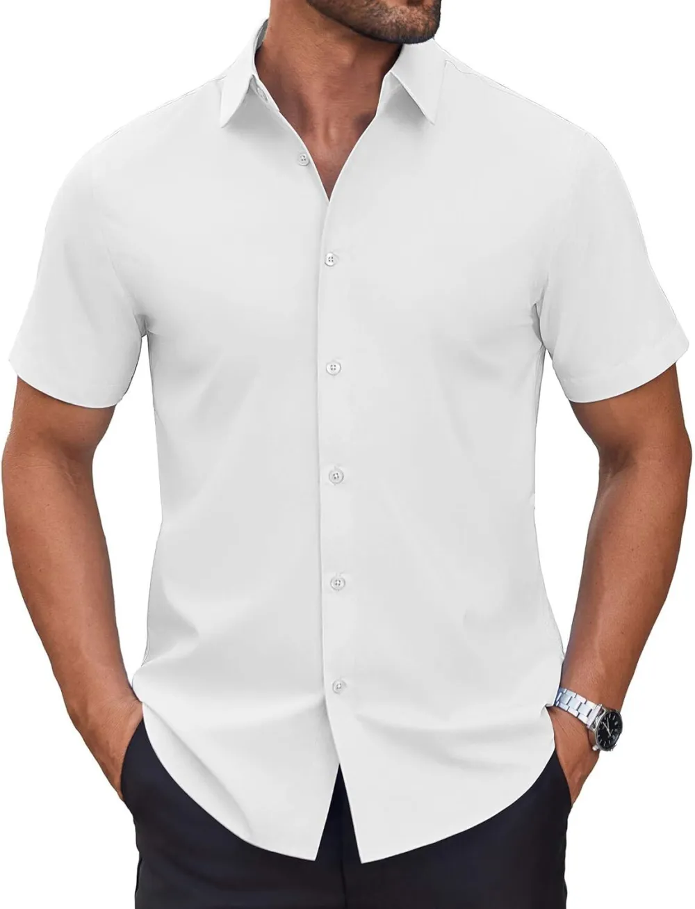 Chemise habillée à manches courtes pour homme – Sans repassage, décontractée, boutonnée, idéale à porter hors du pantalon pour l’été