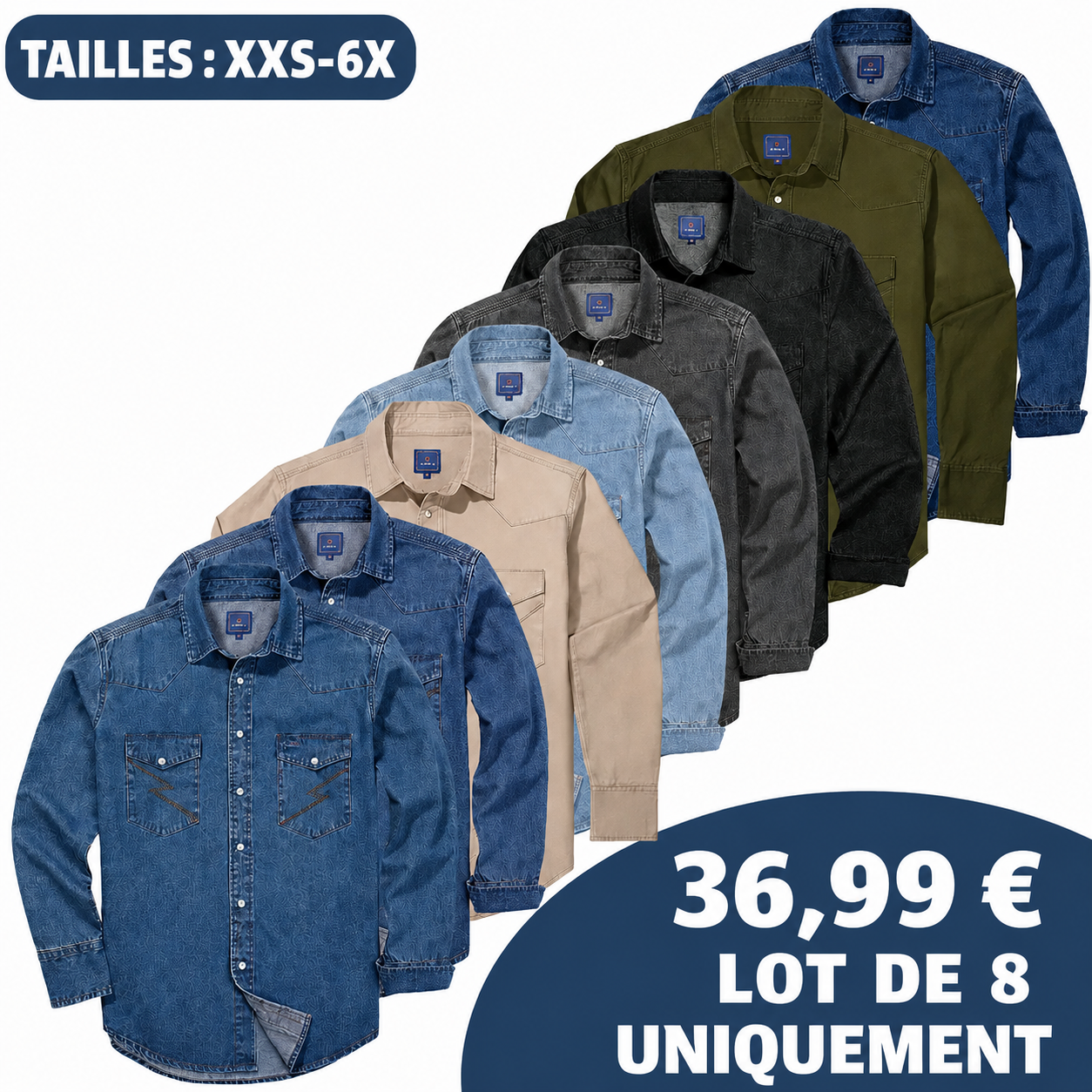 🔥VENTE FLASH🔥 Chemise de travail en denim délavé et pré-lavé à manches longues pour homme