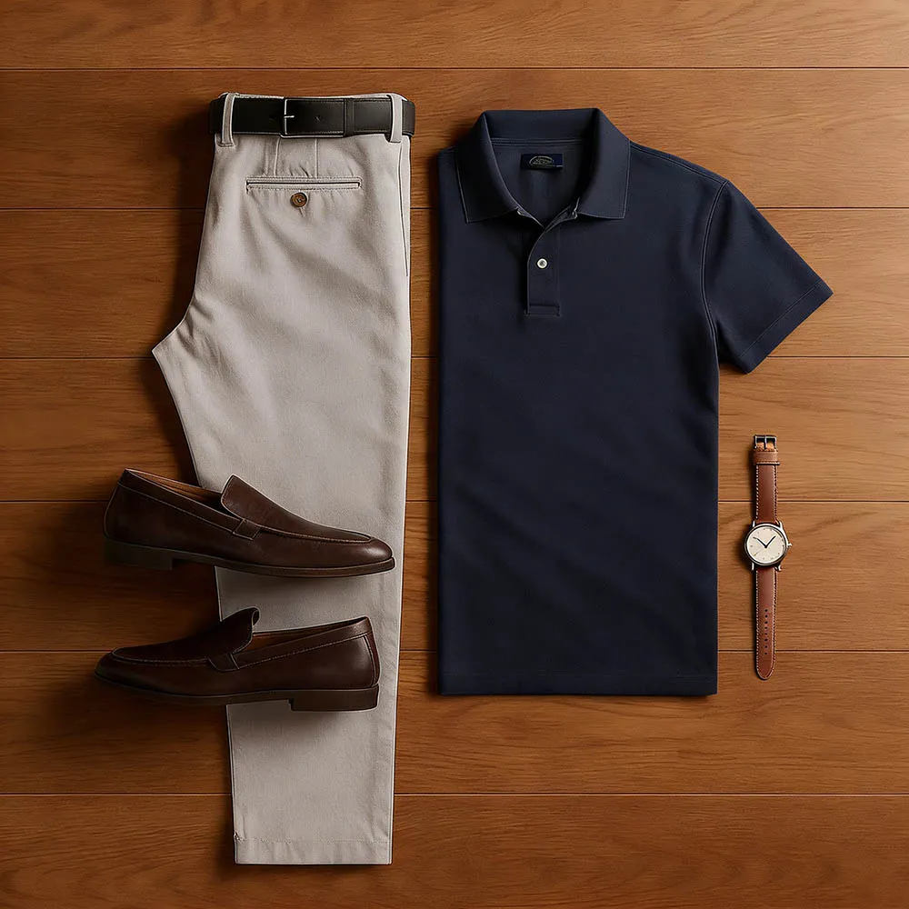 Men's Casual Color Matching Printed Polo-Collar Short Sleeved Trousers Two-Piece Set