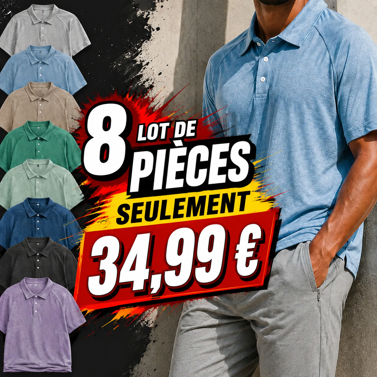 ✨ Meilleure vente ! Polo décontracté homme à manches courtes raglan avec col rabattu et fermeture boutonnée