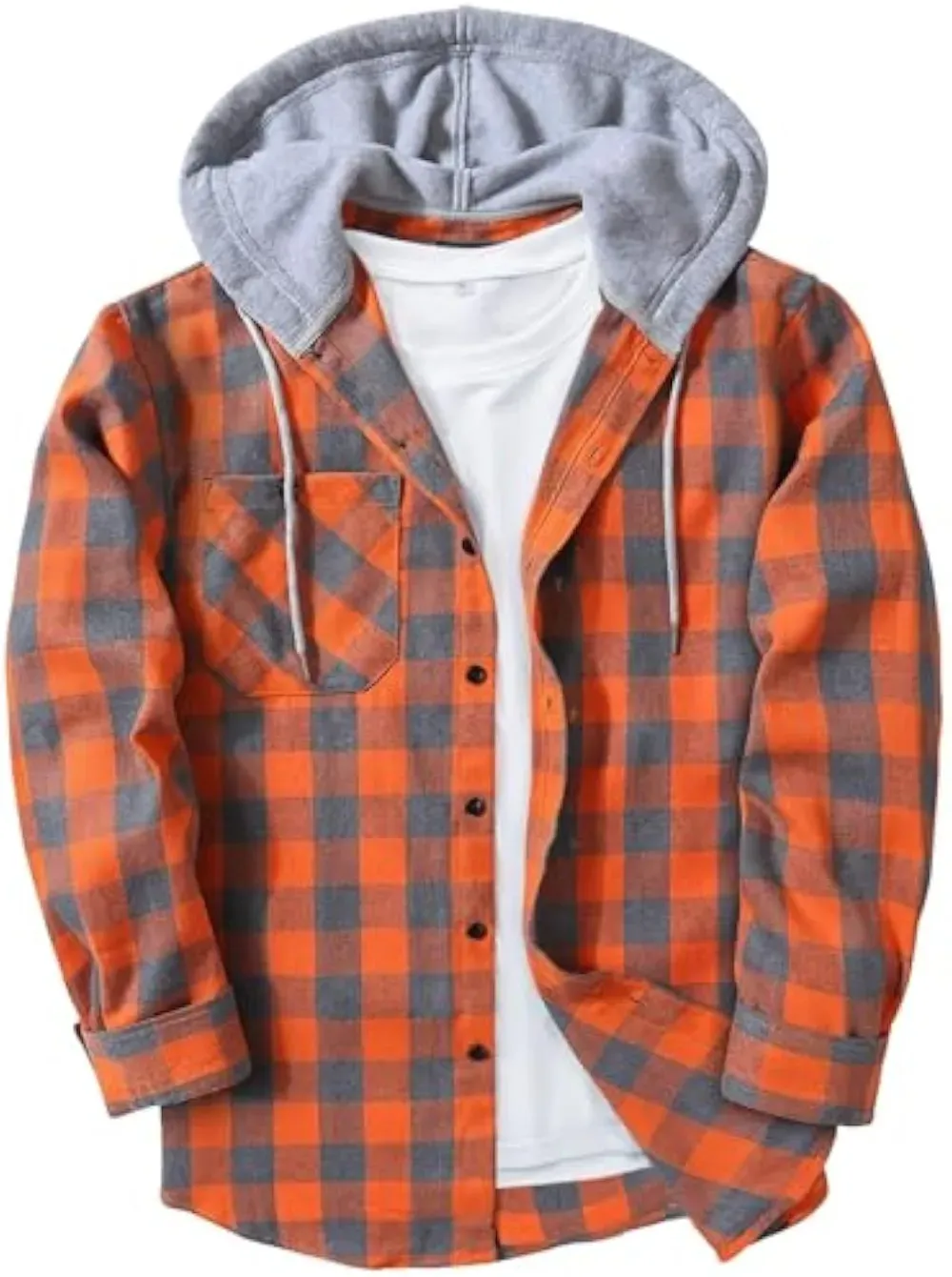 Veste à capuche homme grande taille à carreaux – Surchemise décontractée boutonnée avec poches