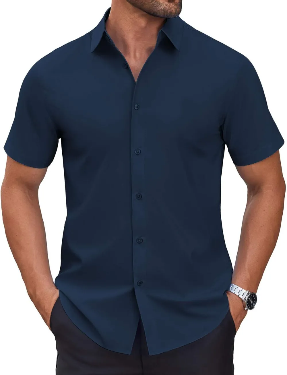 Chemise habillée à manches courtes pour homme – Sans repassage, décontractée, boutonnée, idéale à porter hors du pantalon pour l’été
