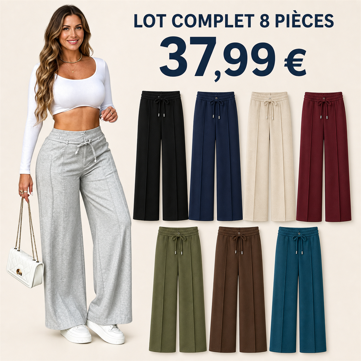 Offre en lot - Pantalon large femme a taille elastiquee et cordon