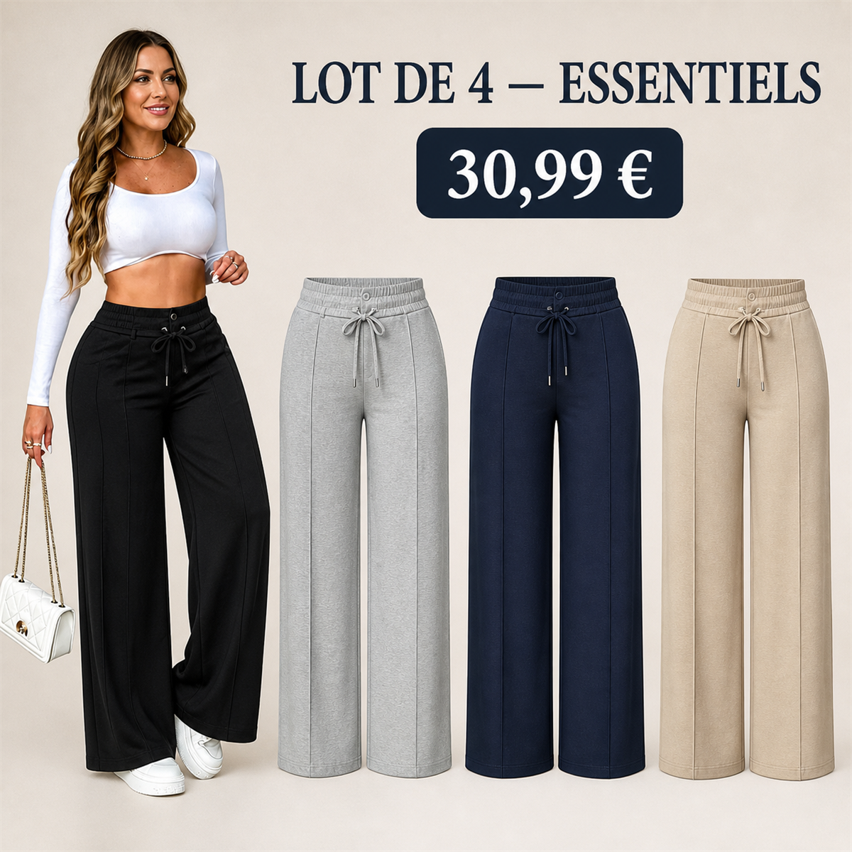 Offre en lot - Pantalon large femme a taille elastiquee et cordon