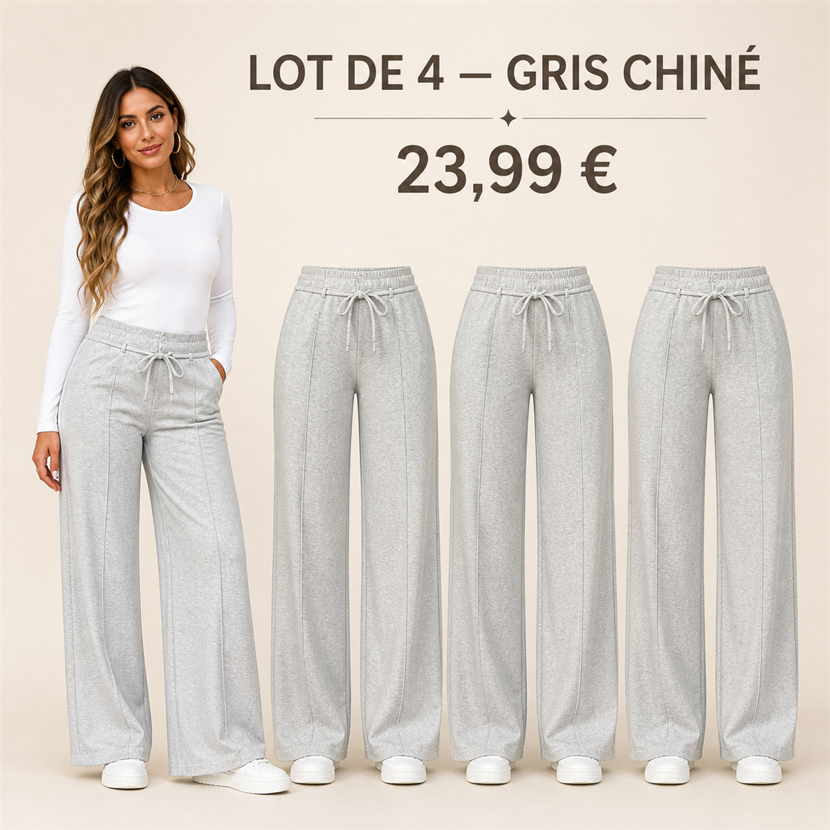 Offre en lot - Pantalon large femme a taille elastiquee et cordon