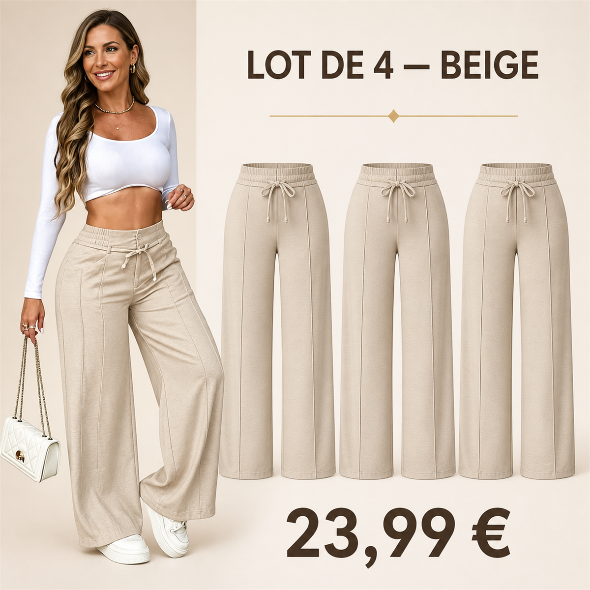 Offre en lot - Pantalon large femme a taille elastiquee et cordon