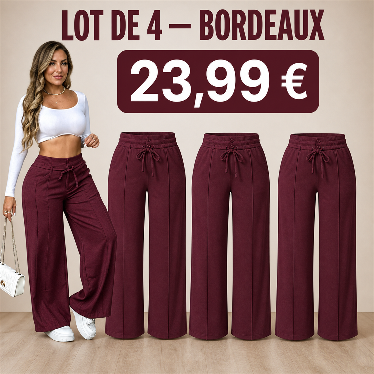 Offre en lot - Pantalon large femme a taille elastiquee et cordon